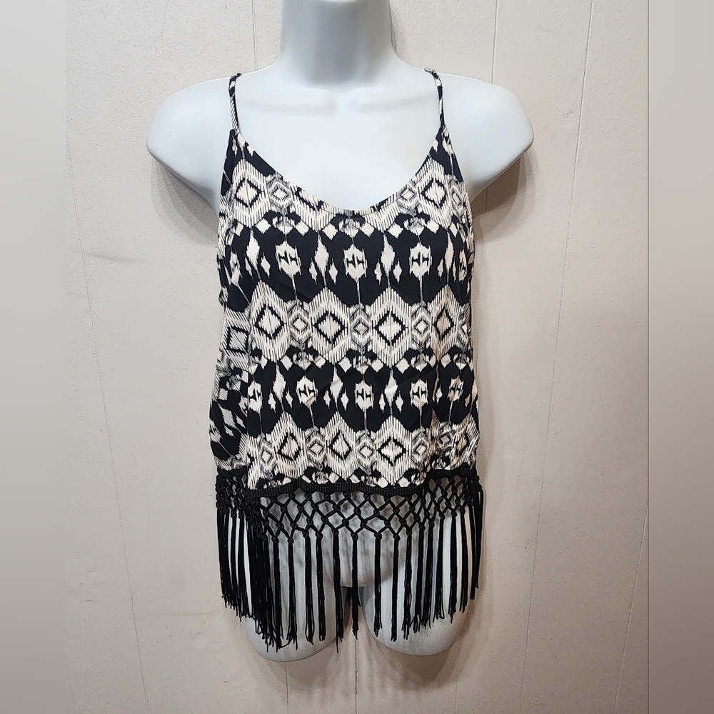 Monteau Sleeveless Top Medium Black White Fringe Spaghetti Strap Summer C451